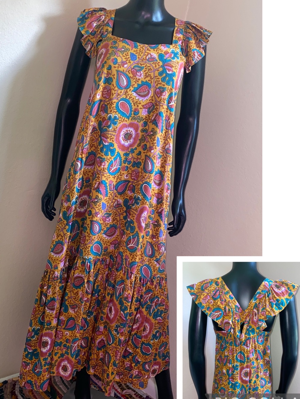 House of Harlow 1960 Mustard Paisley Ruffle Sleeve Maxi Dress